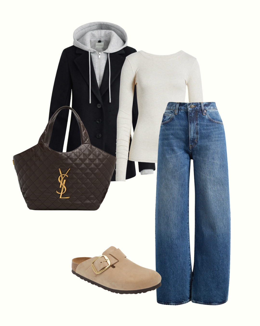 Flat lay of an oversized blazer, ribbed tee, barrel jeans and suede clogs for a pumpkin patch outfit
