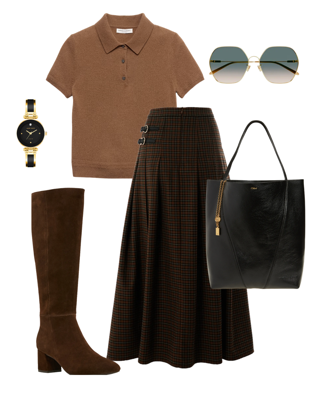 A flat lay featuring a short-sleeve brown fine-knit polo shirt styled with a plaid midi skirt, dark brown suede knee-high boots, and a black leather tote bag.