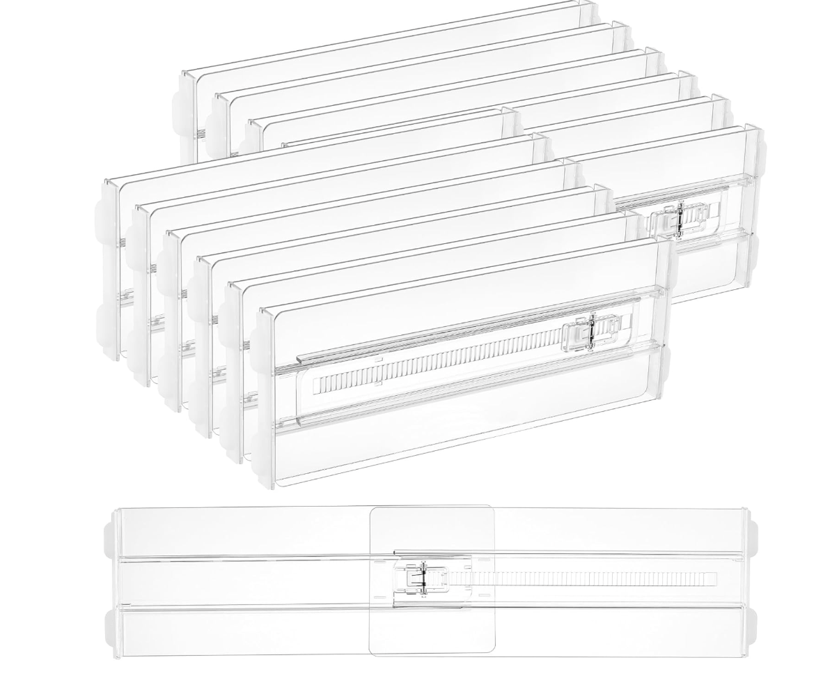 Expandable drawer dividers organizing kitchen utensils
