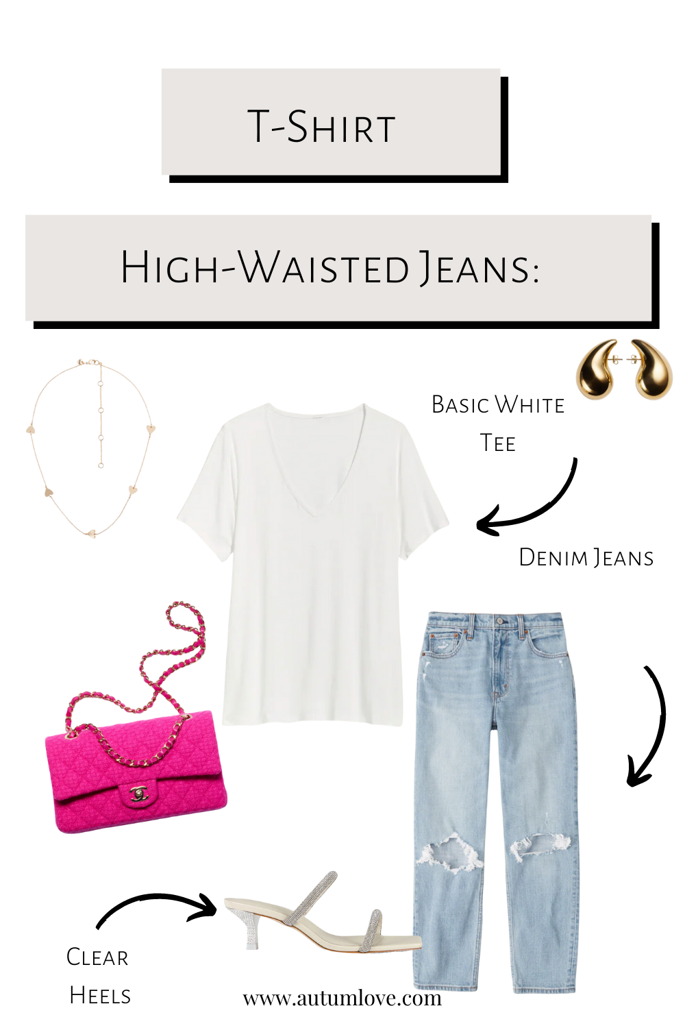 Stylist outfit flatlay featuring a white v-neck t-shirt tucked into high-waisted distressed blue jeans, paired with a hot pink quilted crossbody bag and clear strappy heels.