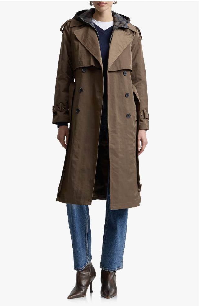 Long brown water-resistant trench coat with hood.