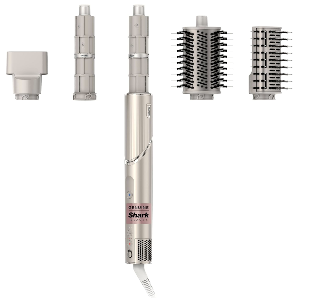 Shark FlexStyle hair dryer and multi-styler with curling and smoothing attachments.