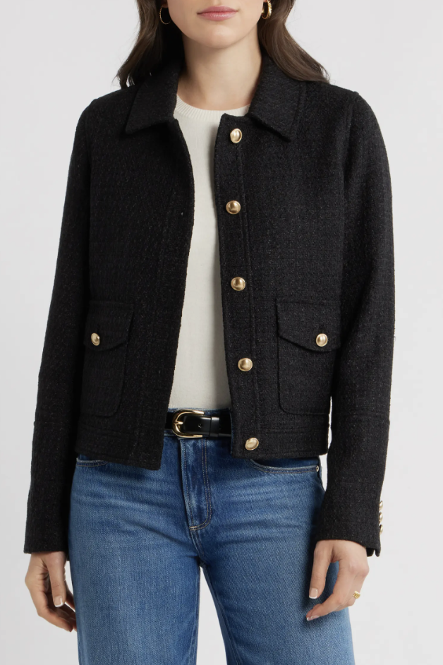 Caslon brown and cream tweed jacket for a stylish fall capsule wardrobe