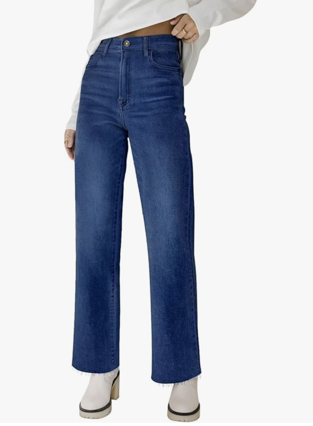 A pair of medium wash high-waisted straight leg jeans from Amazon, styled with a bodysuit to smooth the midsection and create a balanced silhouette for a big belly.