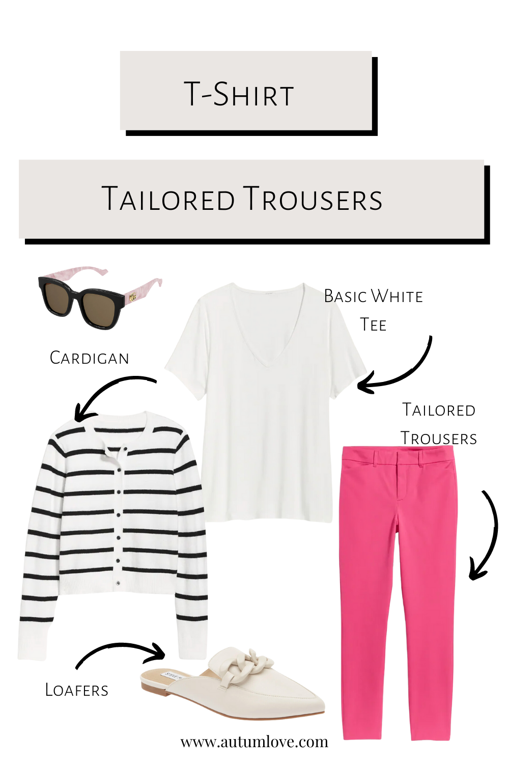 Stylist outfit guide featuring a white v-neck t-shirt paired with vibrant pink tailored trousers, a black and white striped cardigan, white loafers, and pink-rimmed sunglasses.