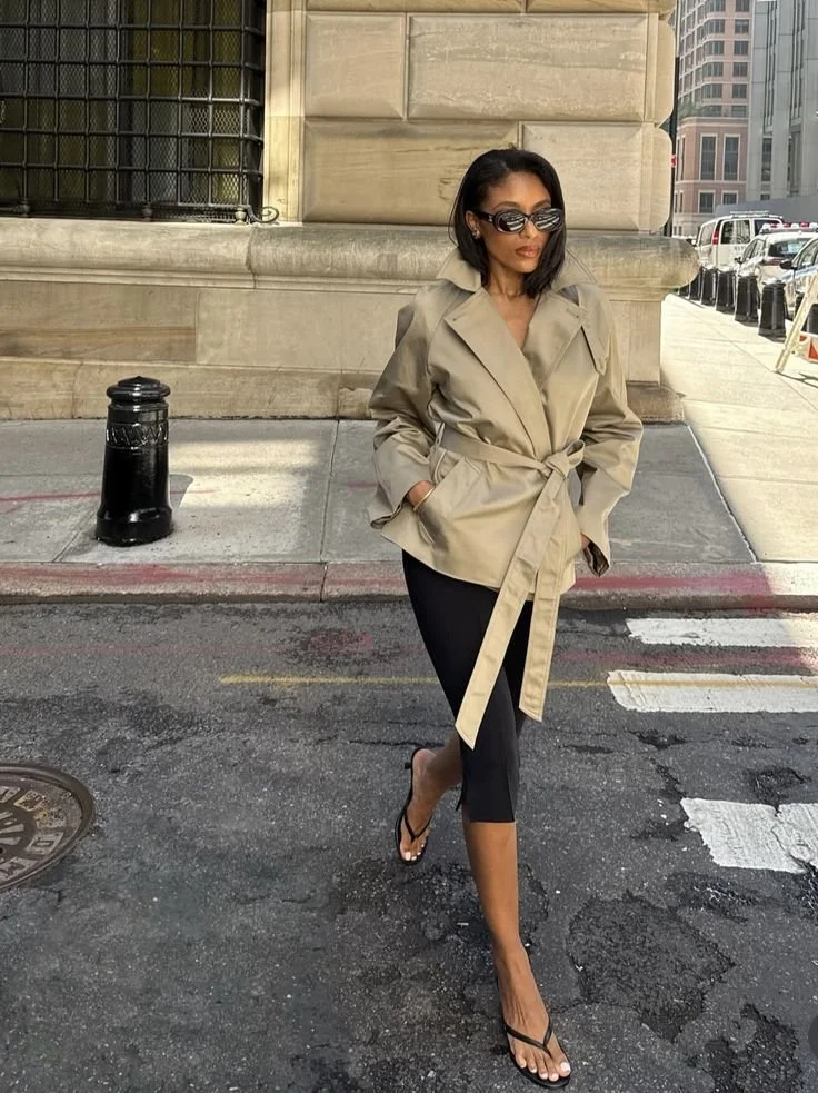 A woman walking in a city wearing a beige utility jacket, black capri pants, and black thong sandals