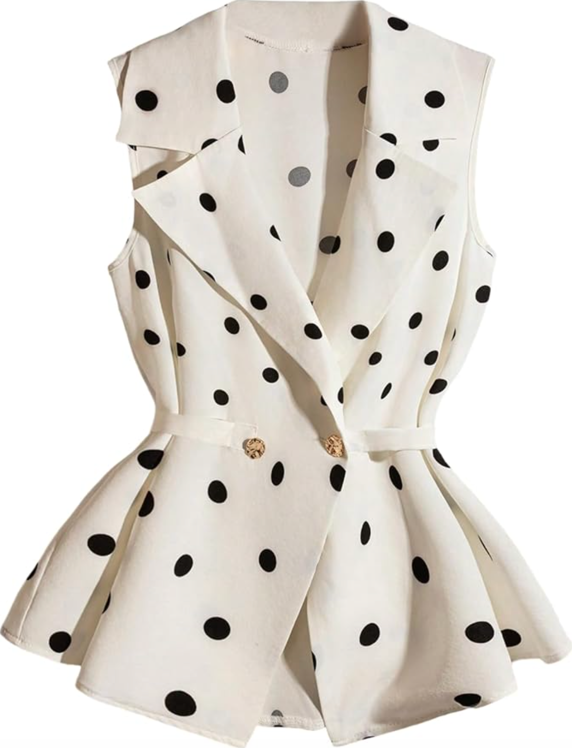 A white sleeveless peplum vest with large black polka dots, featuring a lapel collar, gold double-breasted buttons, and a matching fabric waist belt.