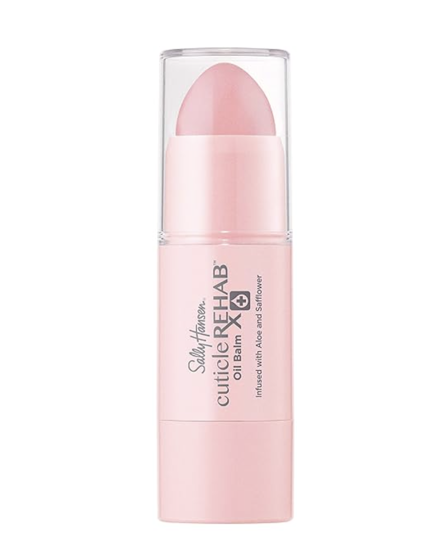 A pink twist-up tube of Sally Hansen Cuticle Rehab Oil Balm, an intensive moisture stick for dry cuticles, shown on a transparent background.