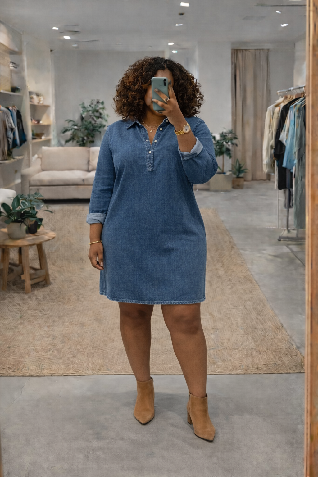 woman wearing wearing a light-wash denim popover shirt dress with rolled sleeves. She is paired with tan suede ankle boots and a gold watch for a polished yet casual school meeting look."
