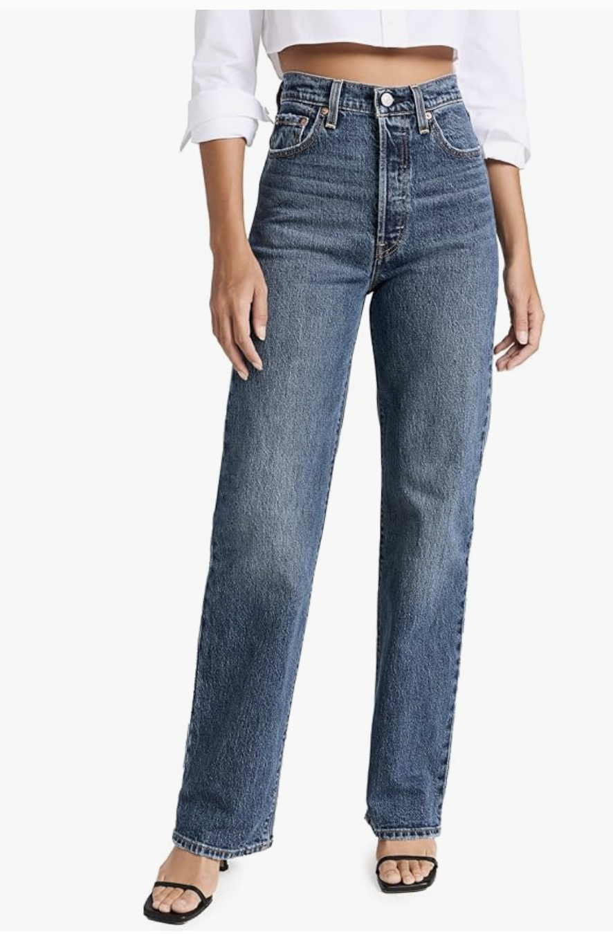 Professional stylist's pick for Levi's Ribcage Straight Ankle Jeans in a medium-blue wash, featuring a super high 12-inch rise to elongate the legs.