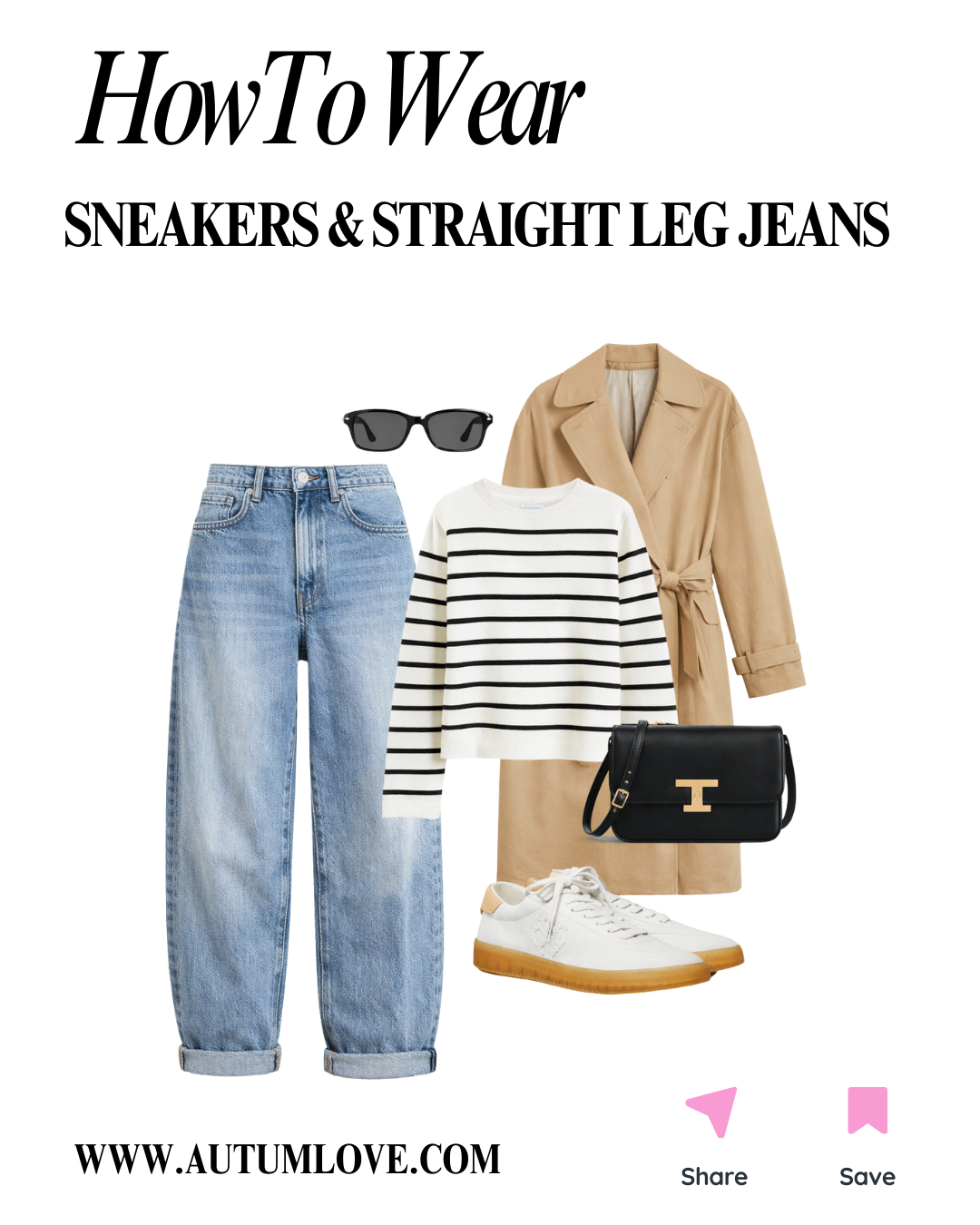 An outfit collage for straight-leg jeans featuring light-wash denim, a black and white striped long-sleeve tee, a tan trench coat, a black leather crossbody bag with gold hardware, black sunglasses, and clean white leather sneakers.