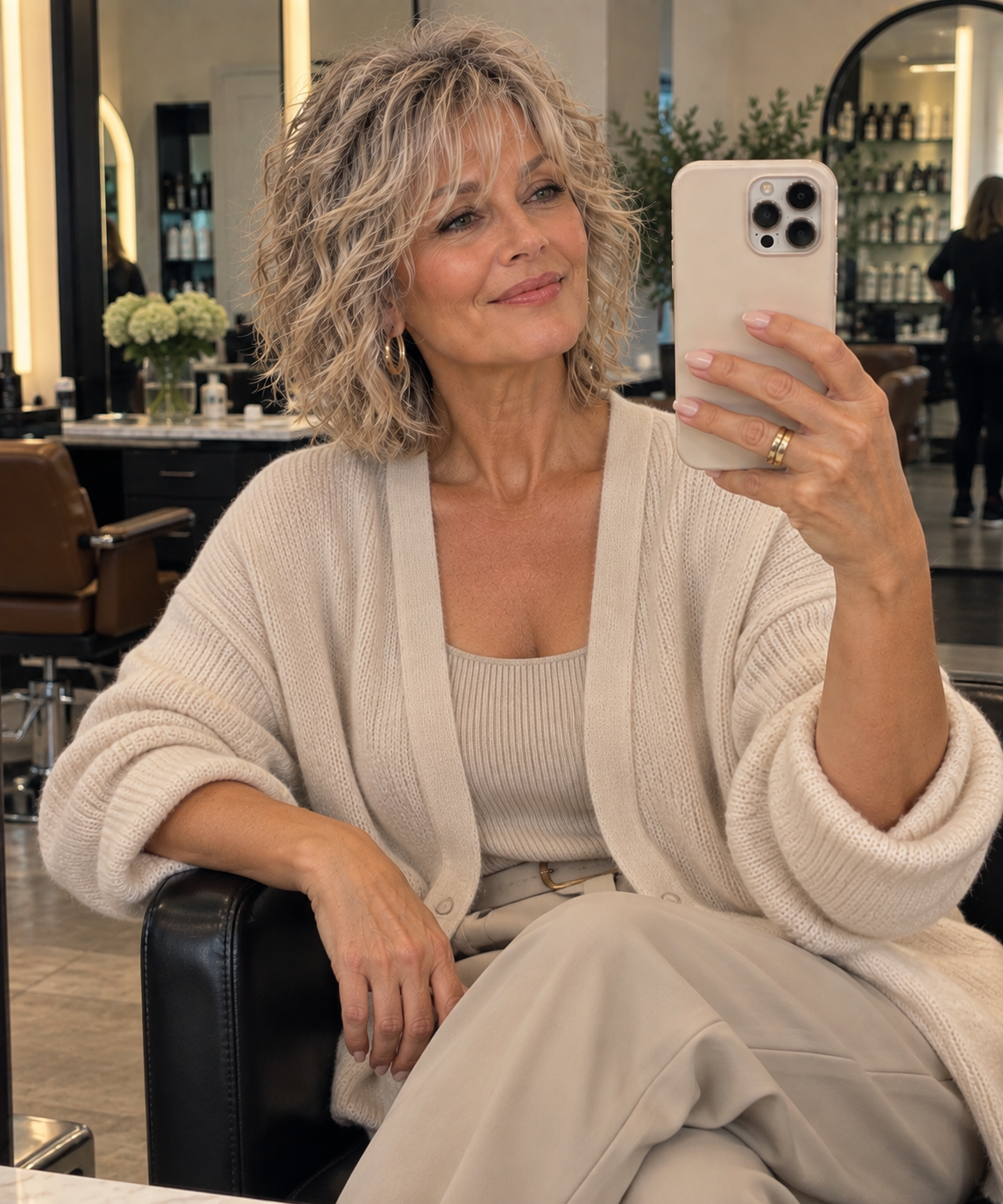 Woman over 65 wearing a layered gray-blonde shag with wispy bangs and tousled texture.