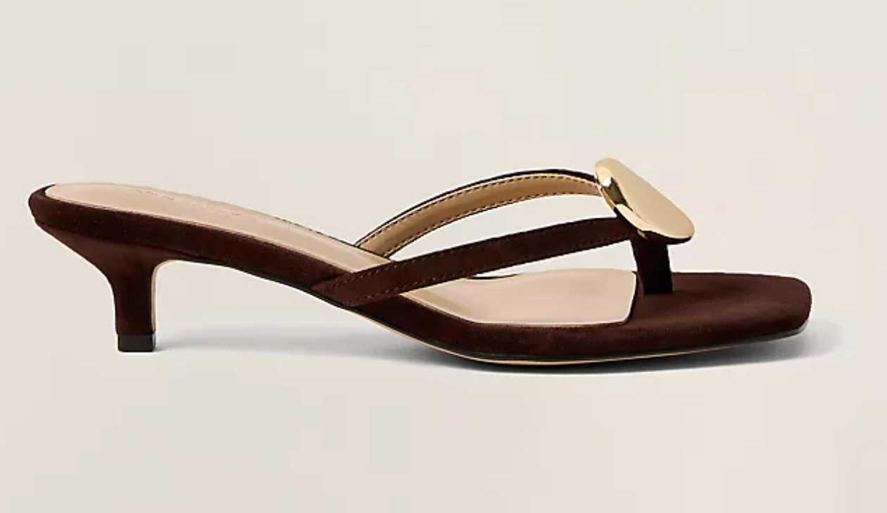 Professional stylist's pick for the Ann Taylor Suede Flip Flop Heeled Sandal in Pure Chocolate suede, featuring a comfortable kitten heel and gold-tone hardware detail.