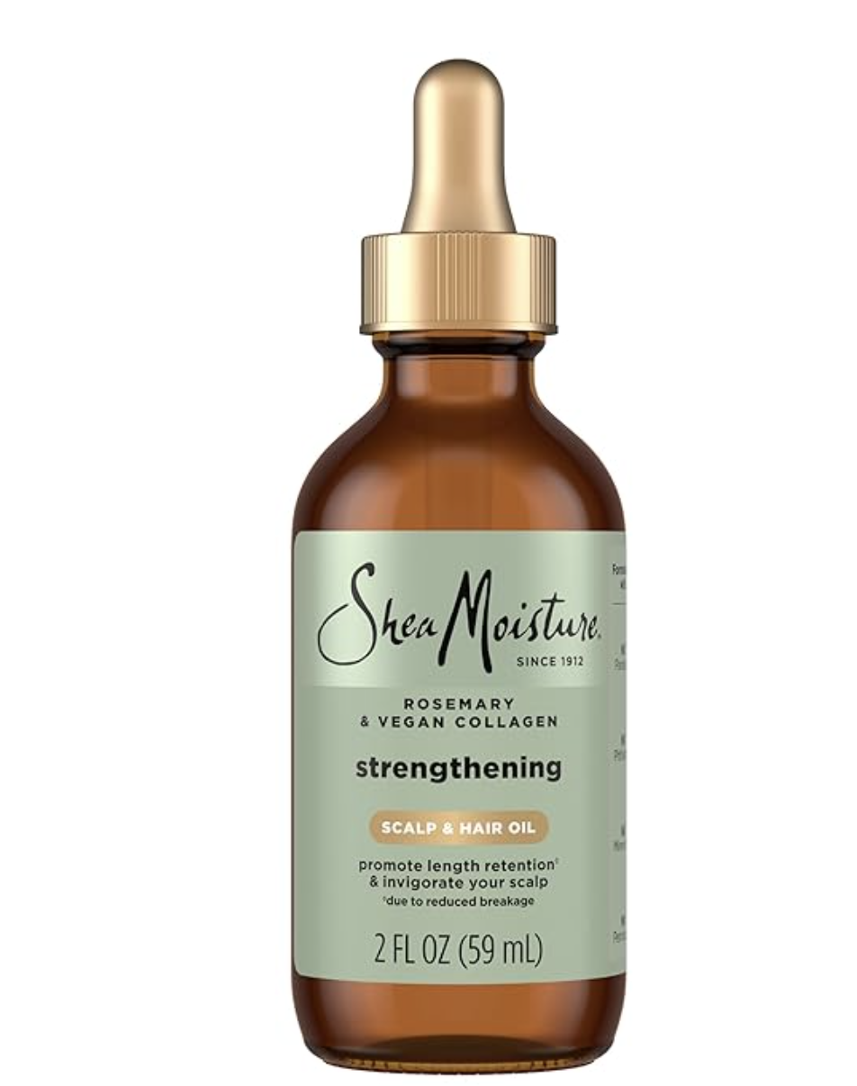 SheaMoisture Strengthening Scalp and Hair Oil with Rosemary and Vegan Collagen for length retention and breakage protection.