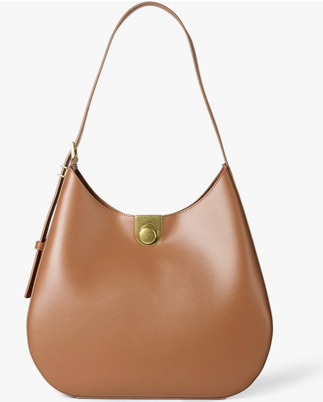 A smooth brown faux leather shoulder bag with a curved hobo-style silhouette and a round gold-toned button clasp.