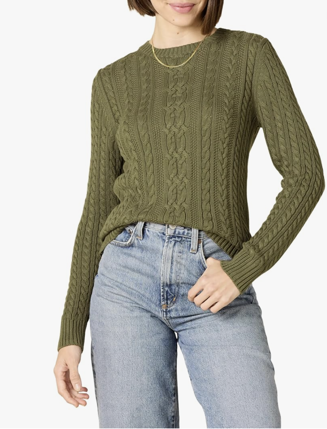 Olive Amazon Essentials cable-knit crewneck sweater with long sleeves.