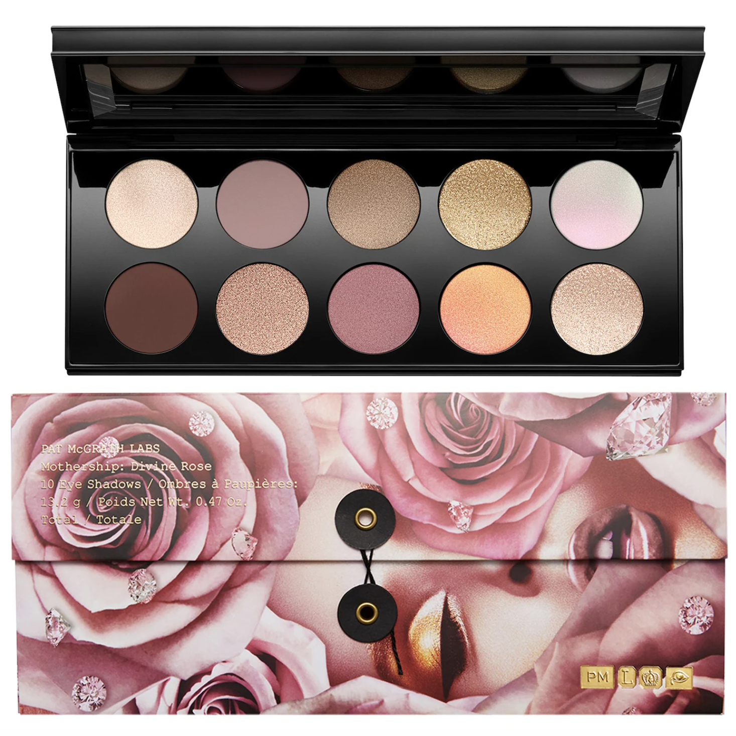 "Pat McGrath Labs Mothership VII Divine Rose Palette featuring ten high-pigment eyeshadow shades in rose gold, matte neutral, and iridescent finishes for deep skin tones."