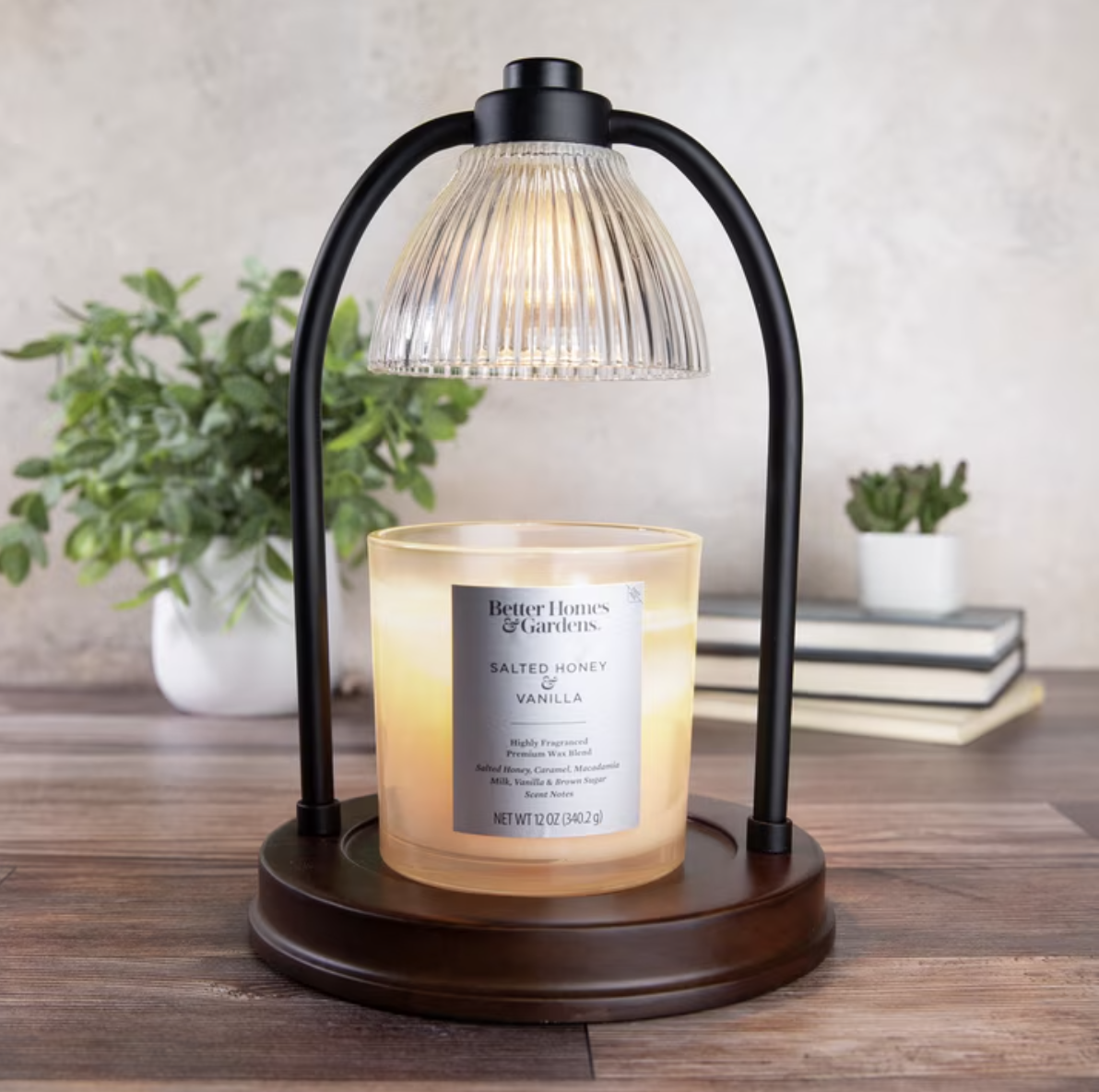 Better Homes & Gardens black ribbed-glass candle warmer lamp.