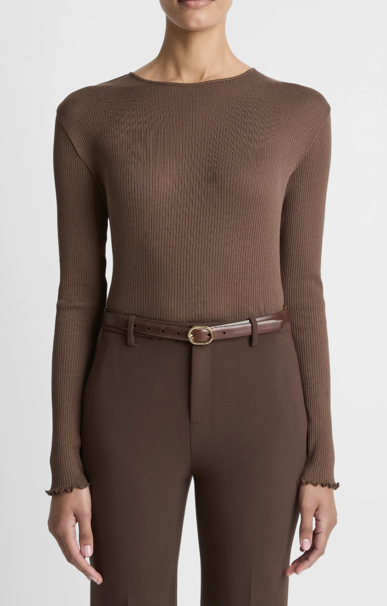 Brown rib ruffle edge Pima cotton crewneck top paired with brown trousers, a high-quality spring wardrobe essential for 2026.