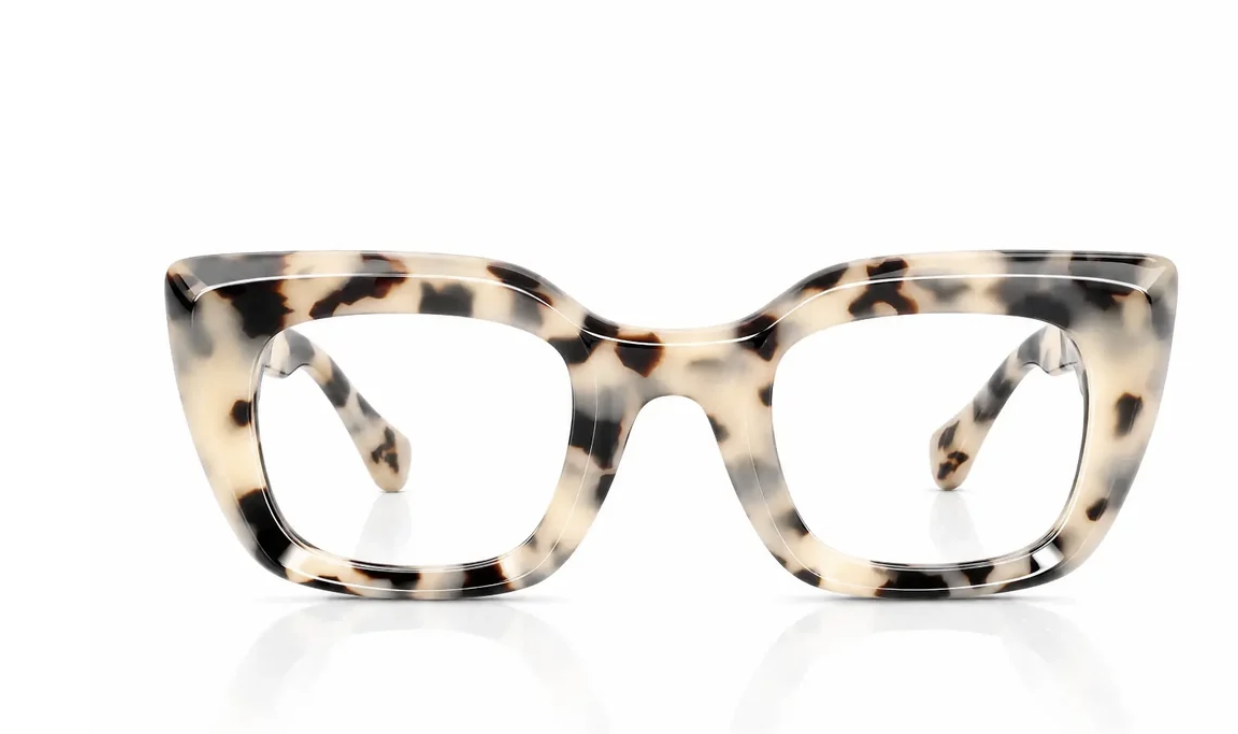 Strong rectangular acetate eyeglass frames styled for a fall wardrobe