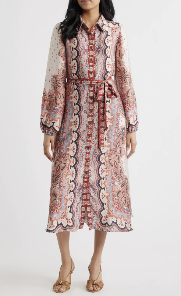 Julia Jordan mixed-paisley long-sleeve belted midi shirtdress.