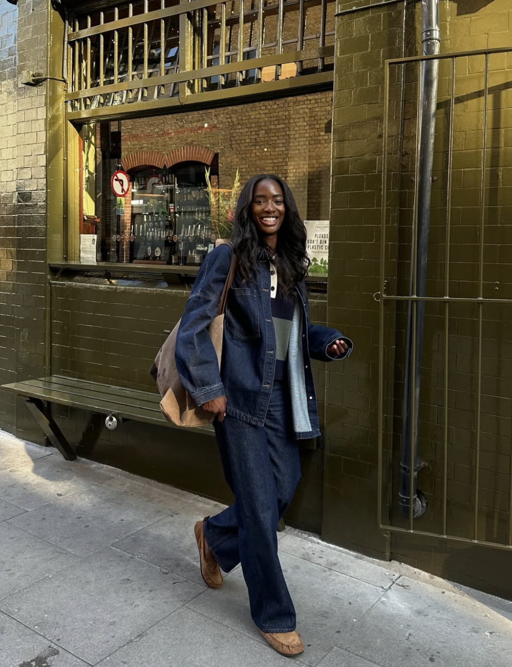 Tonal denim on denim outfit for fall