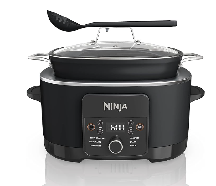 Ninja Foodi PossibleCooker PRO multi-cooker in black featuring a digital control panel, glass lid, and included serving spoon.