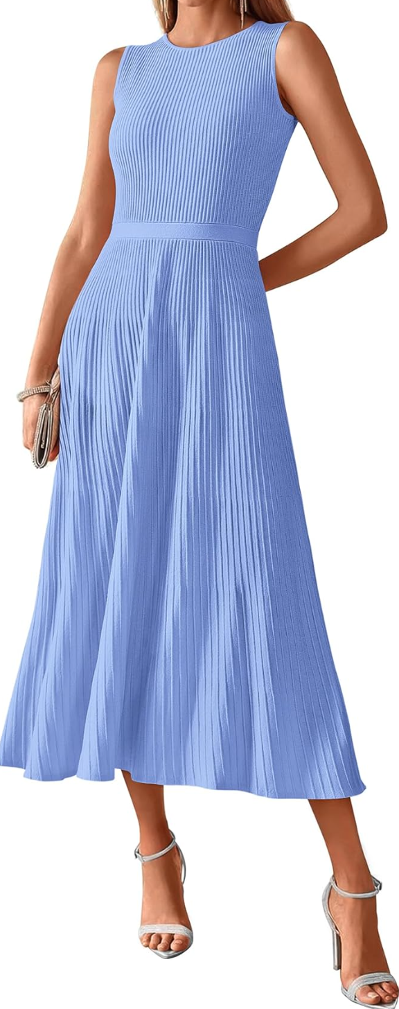 A woman wearing a cornflower blue Knit Sleeveless Pleated Midi Dress with a high neckline and flowy skirt, styled as a comfortable and professional office outfit.