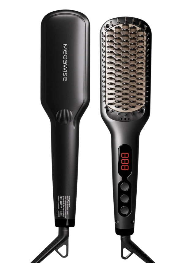 A black [MEGAWISE Pro Ceramic Ionic Hair Straightener Brush]designed for fast heating and frizz-free styling.