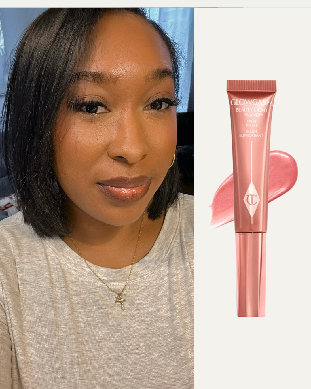 A close-up portrait of a woman with a fresh, radiant summer makeup look featuring dewy, sun-kissed cheeks using Charlotte Tilbury's Beauty Light Wand in Pinkgasm alongside a tube of the product.