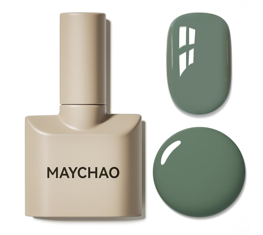 A bottle of MAYCHAO Sage Green gel nail polish with a swatch showing a moody, earthy matcha green nail color.