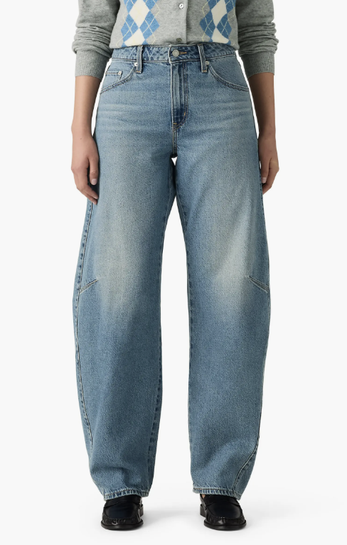 Product shot of light-wash high-waisted baggy straight-leg jeans, featured as a versatile denim option for casual everyday outfits.