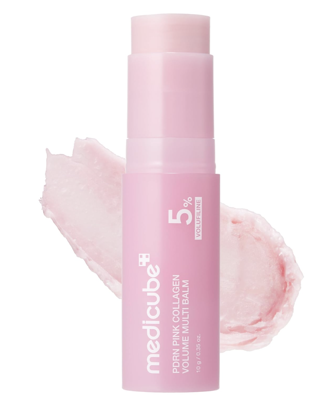 Pink medicube PDRN Pink Collagen Volume Multi Balm stick over a pink balm swatch.