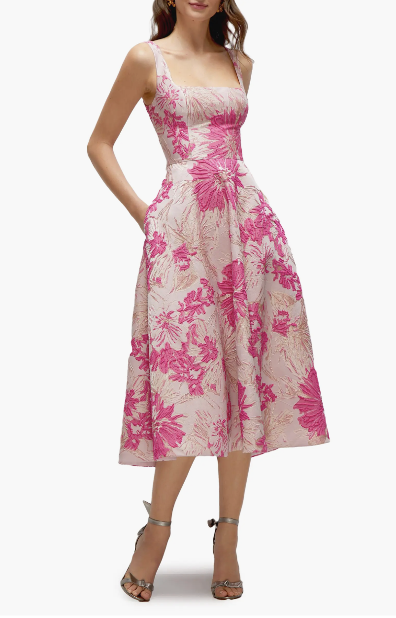 The Dessy Collection Floral Jacquard sleeveless fit and flare midi dress in a vibrant pink and white spring pattern.