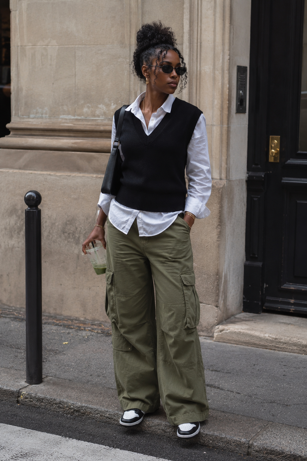 A person wearing a black V-neck sweater vest over a crisp white button-down shirt, paired with olive green wide-leg cargo pants and black sunglasses.