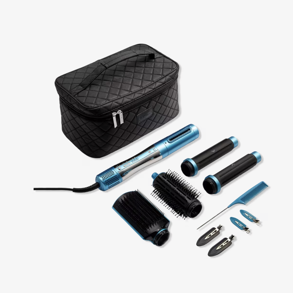 BaBylissPRO Style/Switch Air Styling & Drying System featuring a blue and silver base with interchangeable round brush, paddle brush, and curling attachments alongside a black quilted travel case.