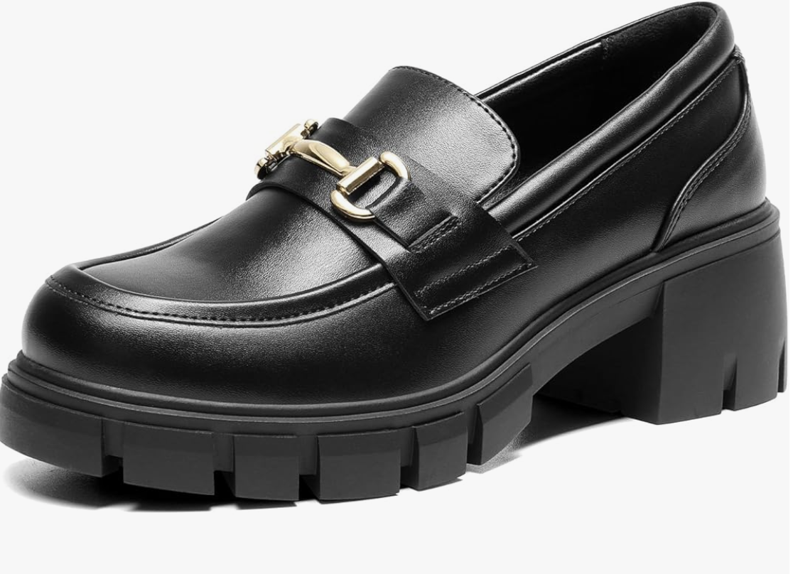 A studio product shot of the DREAM PAIRS Women's Platform Chunky Loafers in black, featuring a thick lug sole and a gold horsebit detail across the top.
