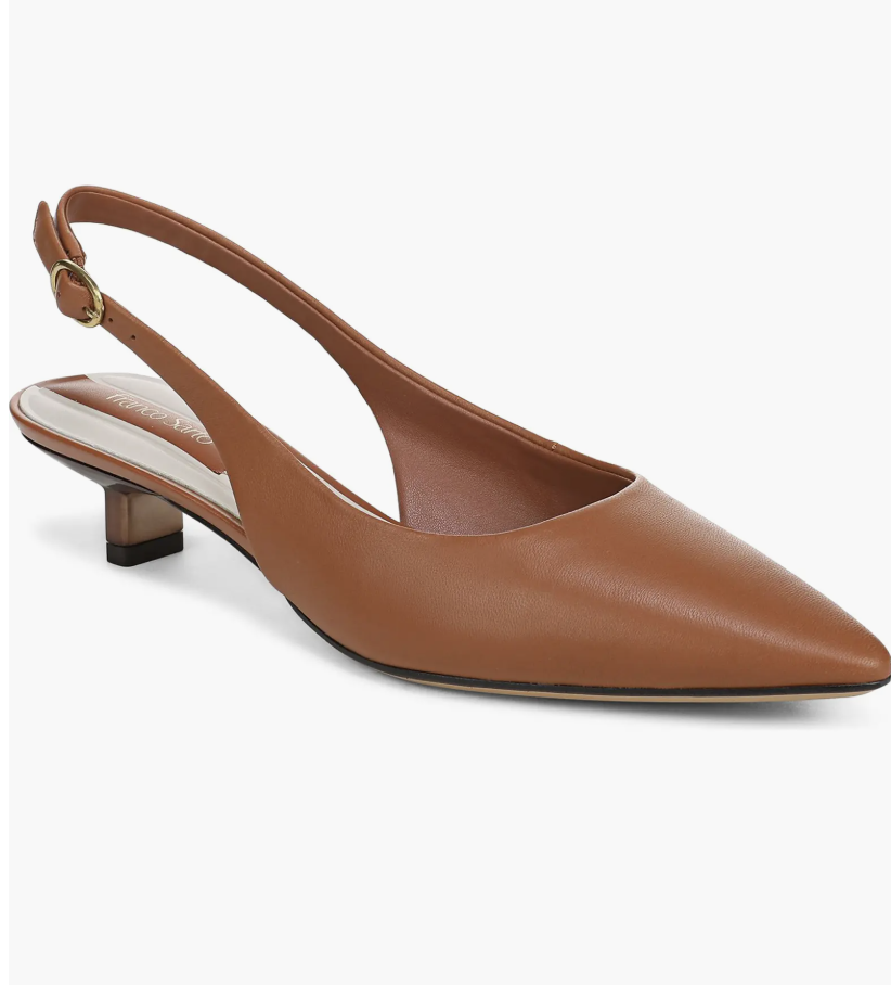A pair of Franco Sarto tan leather pointed-toe slingback kitten heels, perfect for styling with 2026 capri pants trends.