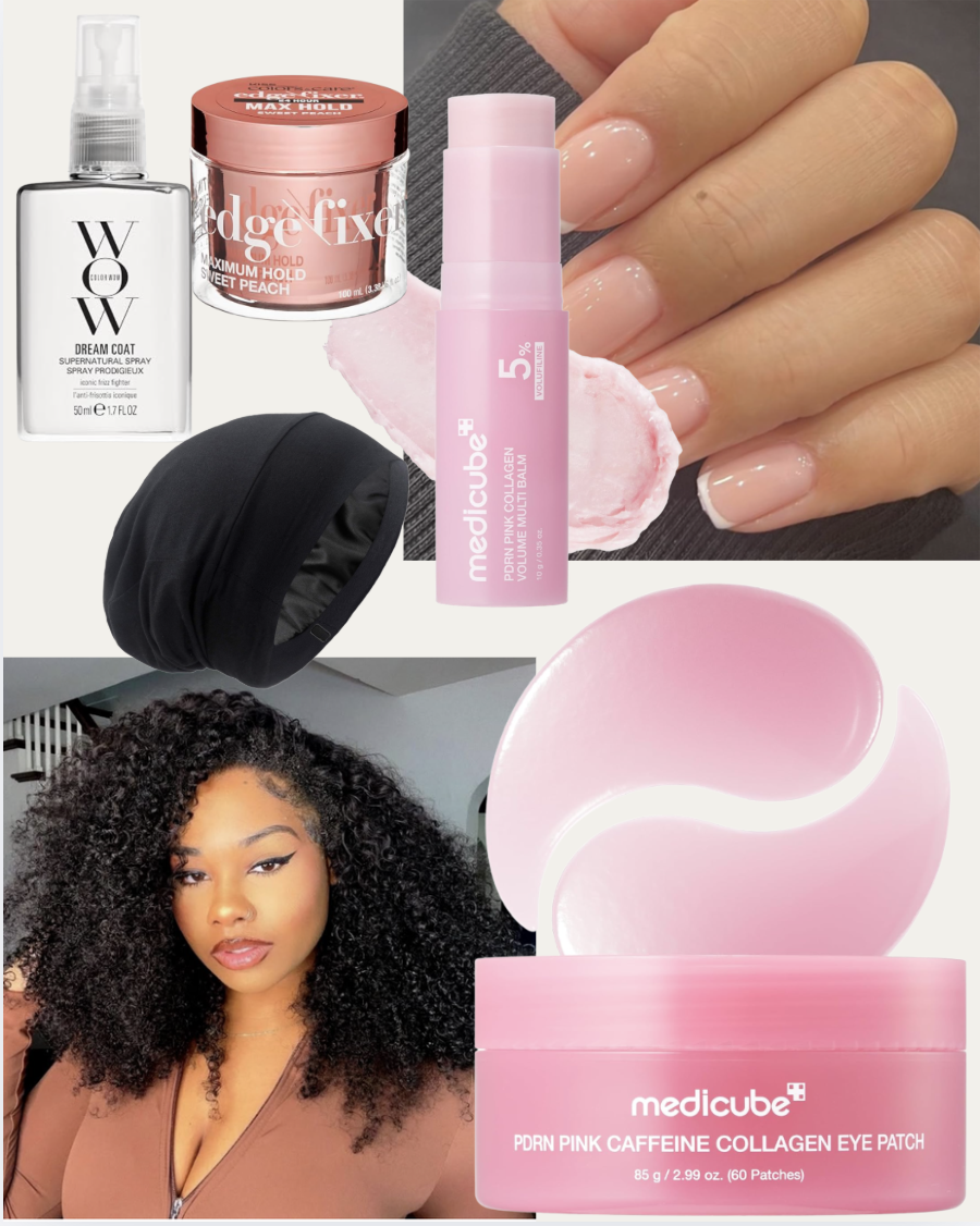 Collage of Amazon beauty favorites including Color Wow Dream Coat, Kiss edge fixer, a medicube lip balm, a satin-lined bonnet, pink eye patches, nude press-on nails and a curly half wig.