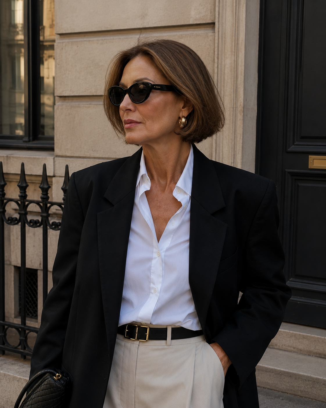 A chic woman over 50 with a sleek, middle-parted brunette French bob haircut wearing a black blazer and sunglasses.