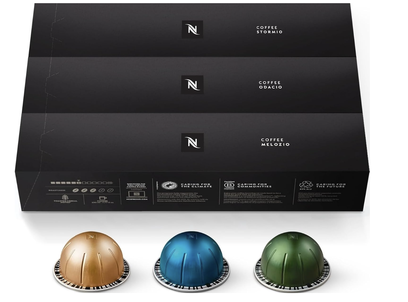 Nespresso Vertuo coffee capsule variety pack packaging displayed with three single-serve espresso pods set against a white background.