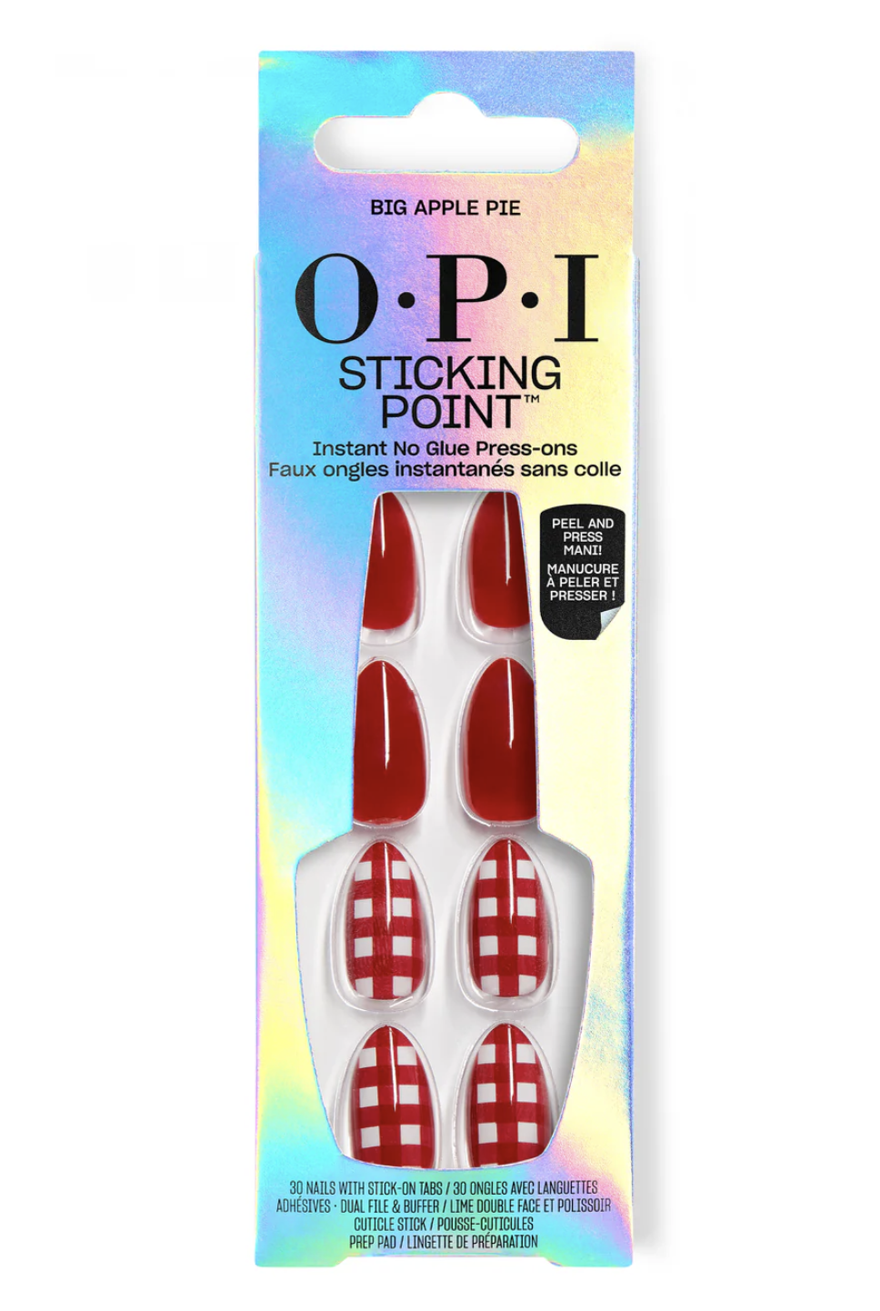 Packaging for OPI Sticking Point press-on nails from the Xbox collection, showcasing a bold red-on-white checkered nail art design.