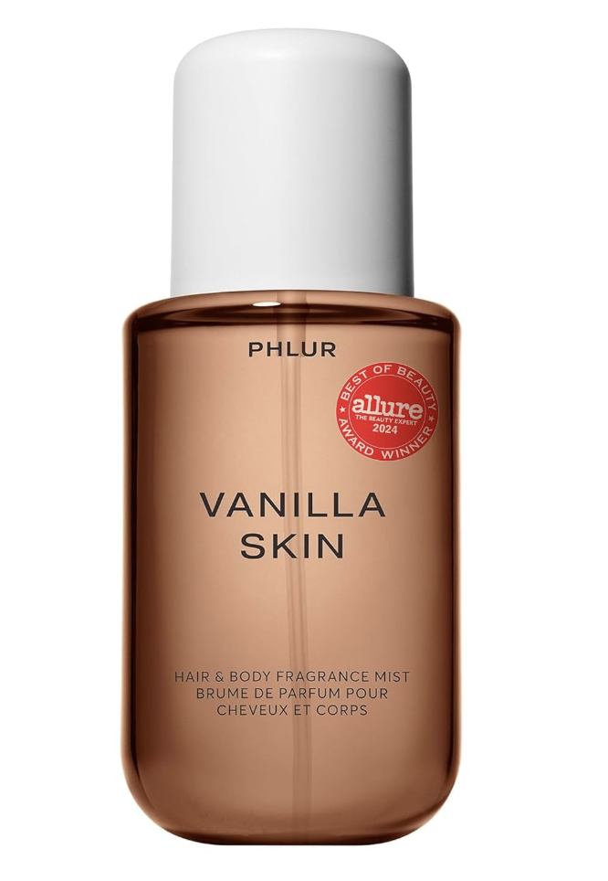 PHLUR Vanilla Skin Body Mist featuring an amber bottle with a white cap and an Allure Best of Beauty Award sticker.