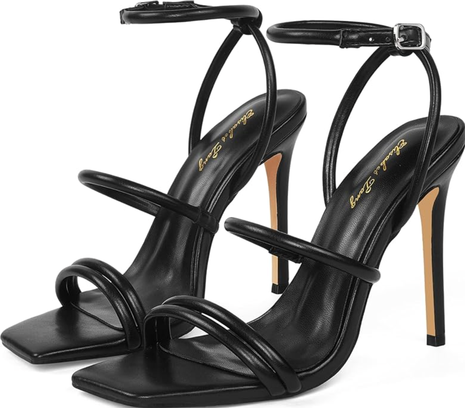 A pair of black high-heel sandals featuring multiple thin straps across the foot and a delicate adjustable ankle strap.