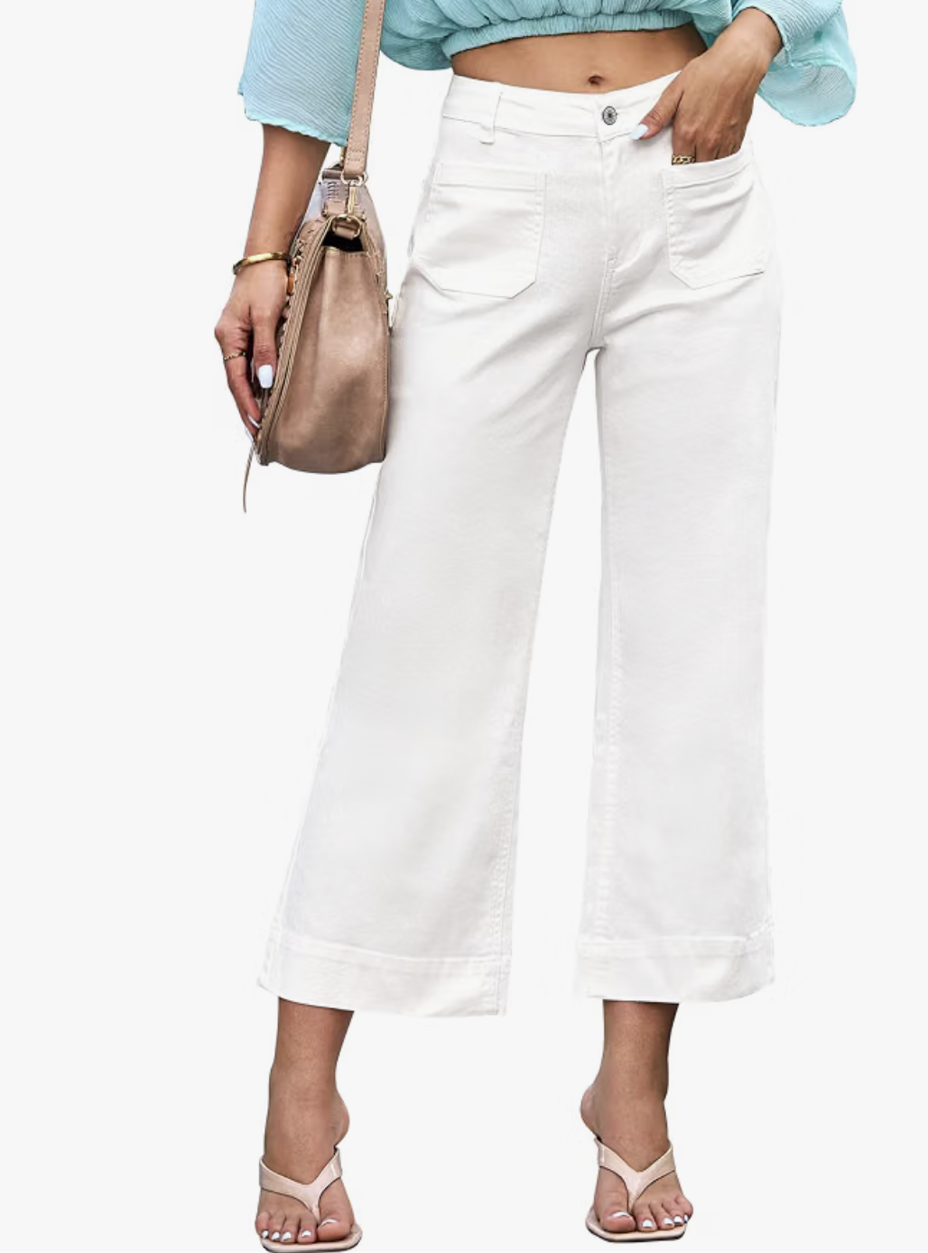 Luvamia off-white cropped jeans with wide legs and front patch pockets