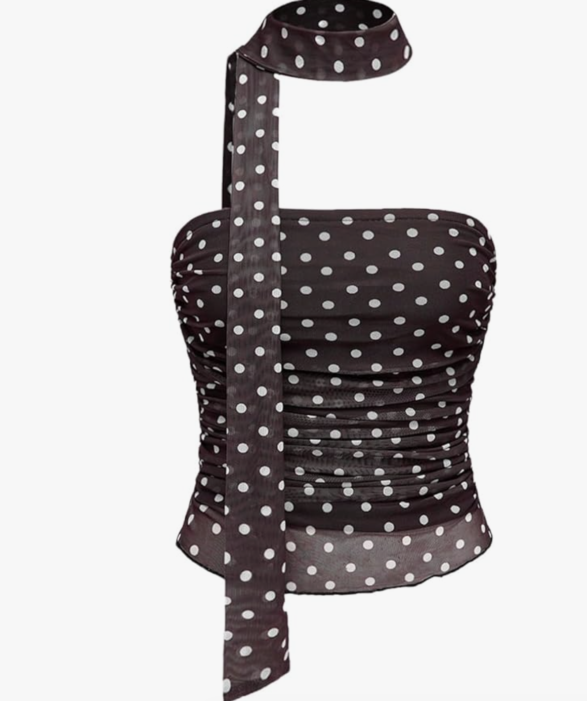 A black mesh tube top featuring white polka dots and a ruched bodice, styled with a matching long polka dot neck scarf draped over the shoulder.