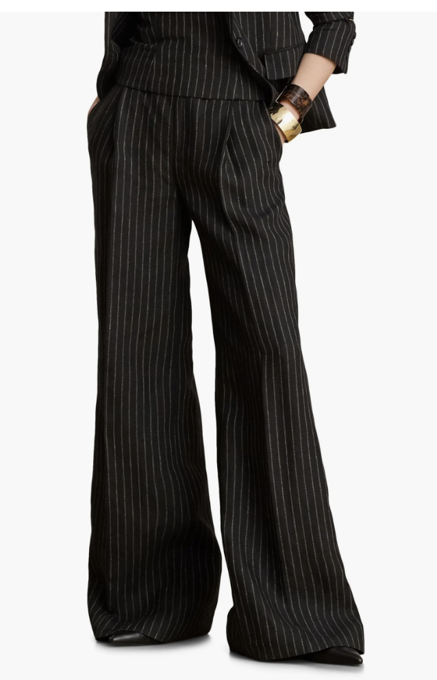 Lauren Ralph Lauren dark chalk-stripe wide-leg linen pants paired with black pointed-toe heels