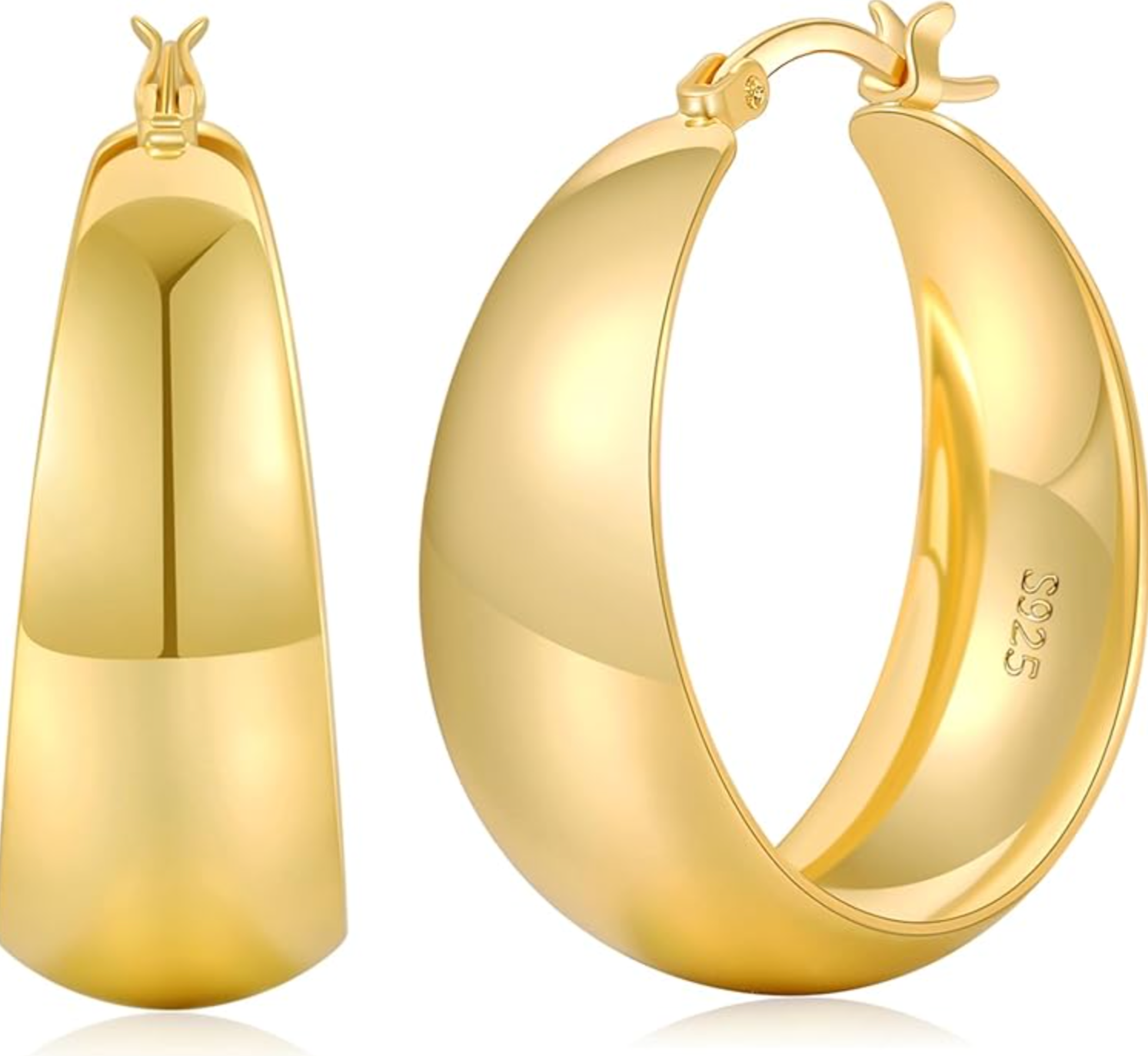 A pair of chunky, high-polish gold teardrop-shaped hoop earrings, styled as a bold statement accessory for a white linen resort outfit.