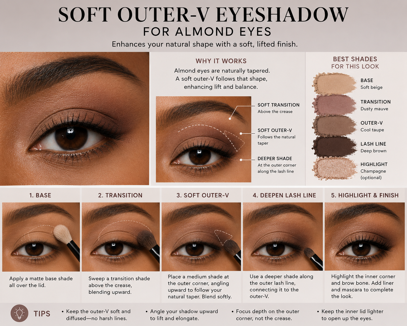 Soft outer-V eyeshadow placement that follows the tapered shape of almond eyes.