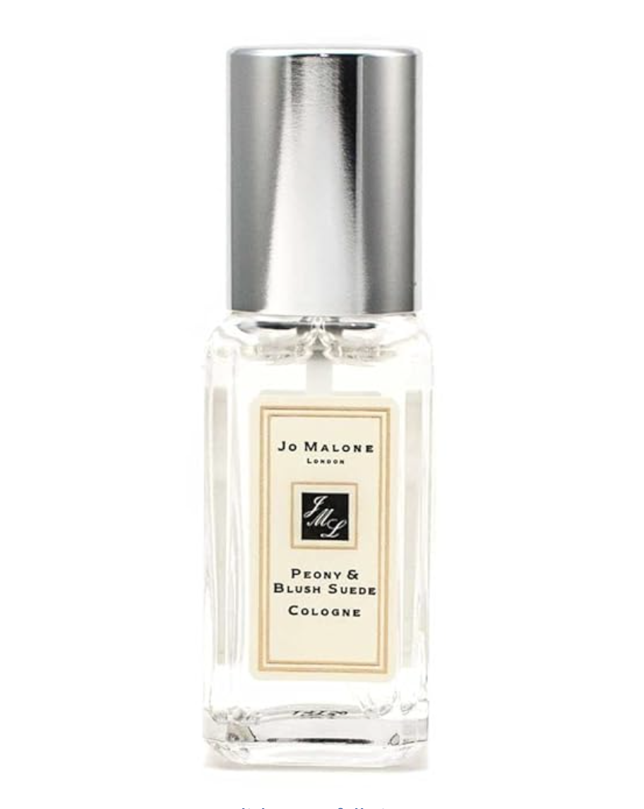 A 1-ounce (30ml) clear glass bottle of Jo Malone London Peony & Blush Suede Cologne with a polished silver cap and a cream-colored minimalist label.